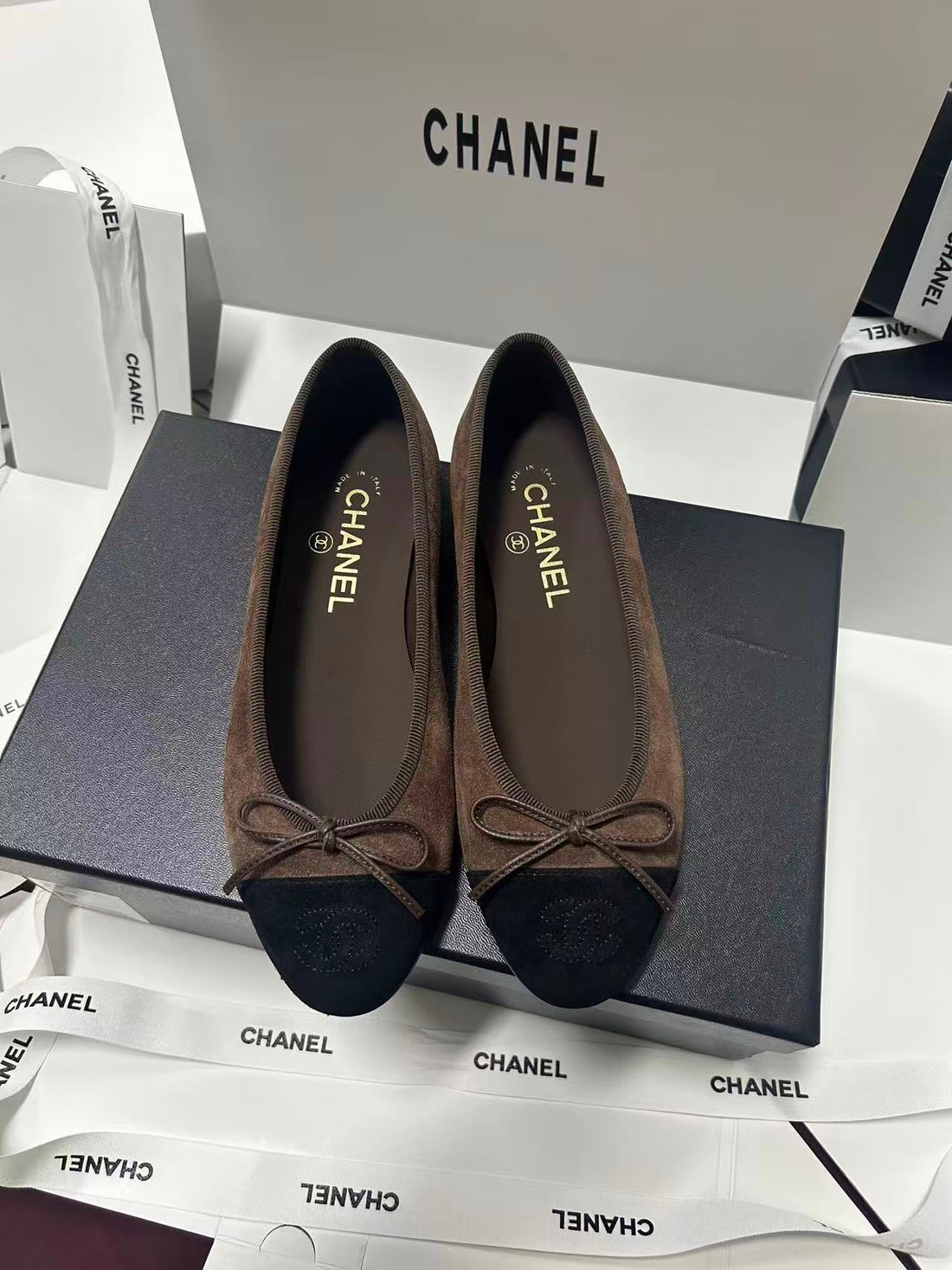 Chanel 25 Ballet Flat Black Mix Brown Suede 490045