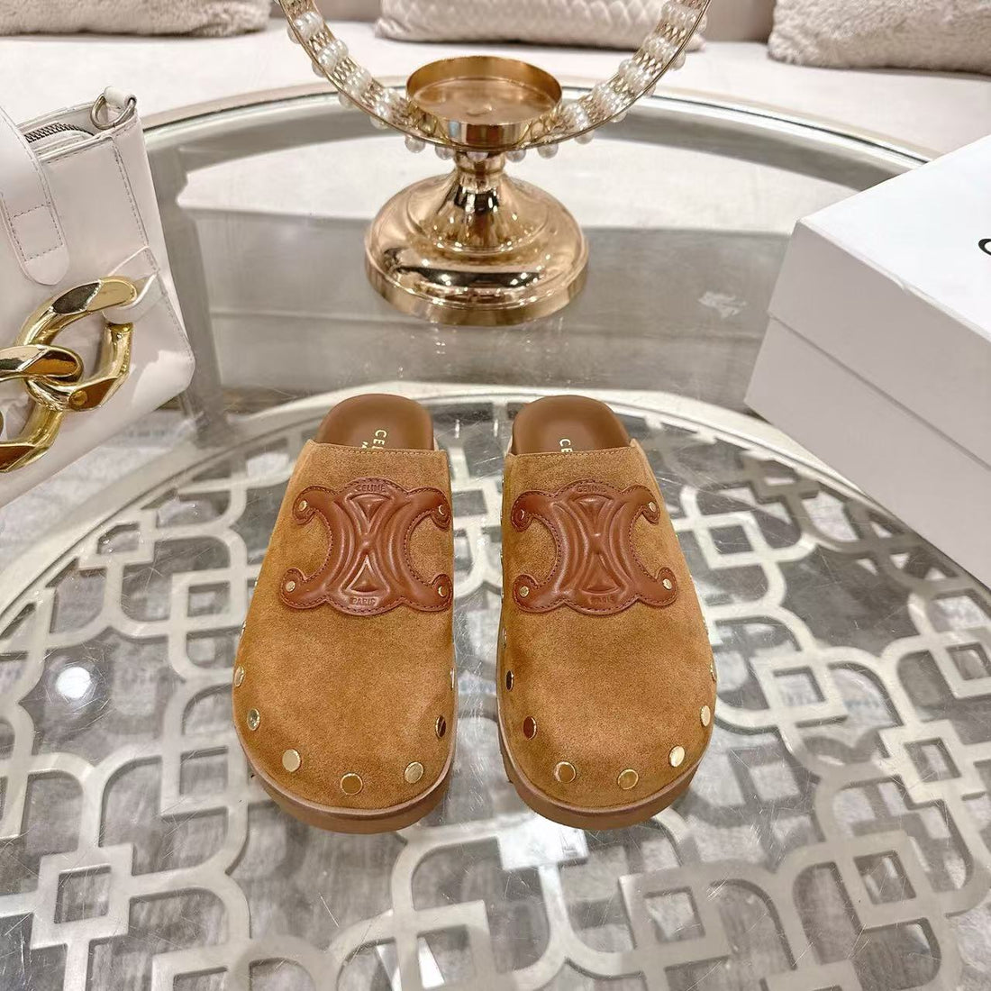 Celine 25 Rivet Birkenstock Slippers Brown Suede