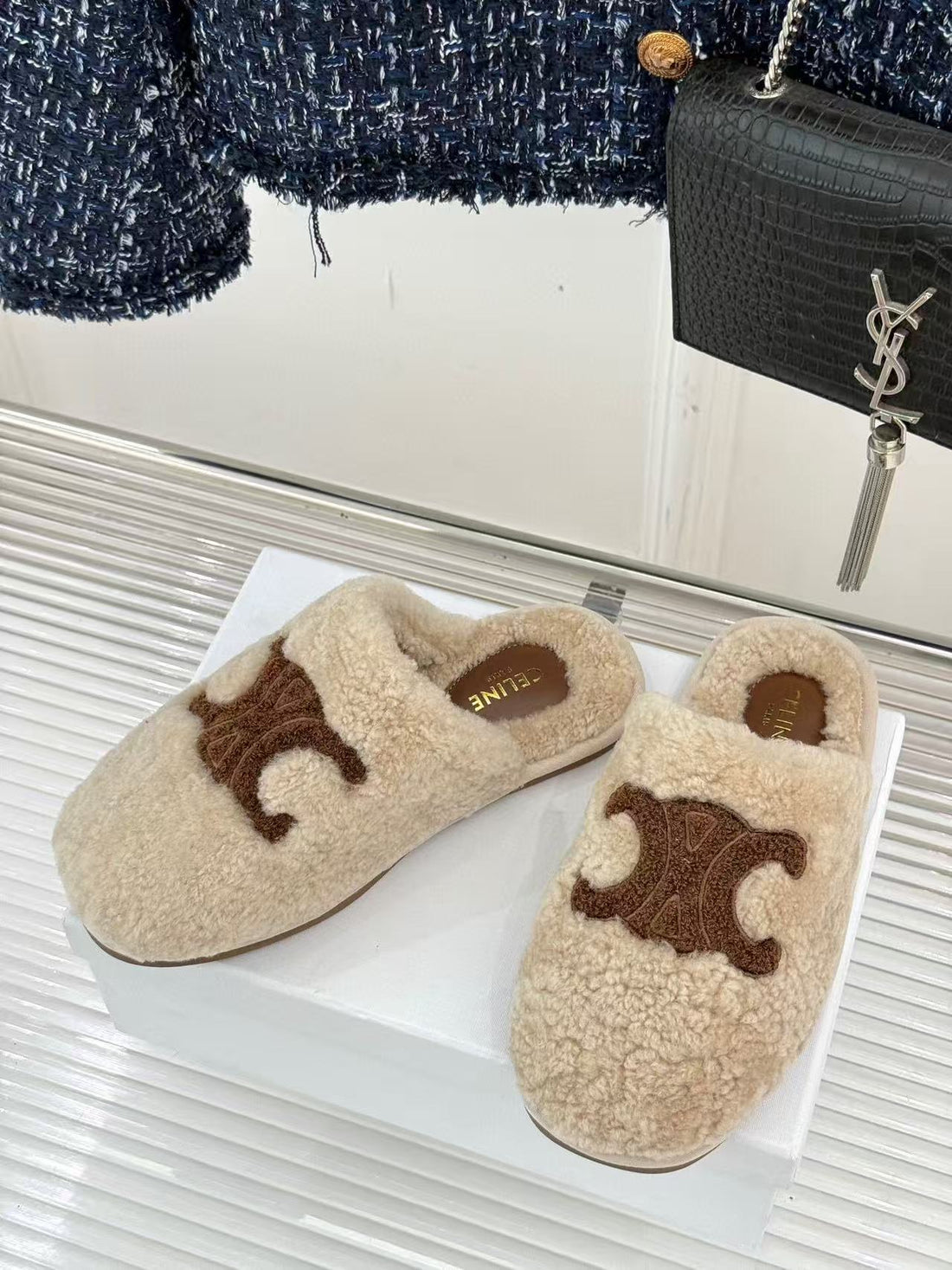 Cl Elena Mule In Shearling 10MM Dark Beige Brown Wool