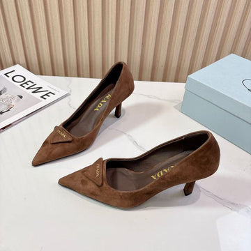 Prada Pointed Toe Pumps 7CM Heel Triangle Logo Dark Brown Suede