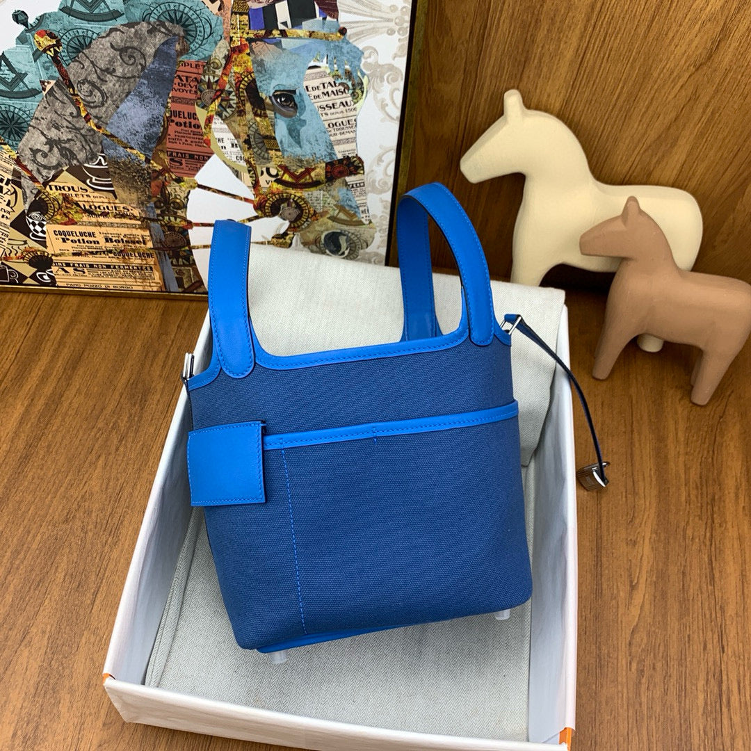 HM Picotin Basket Lock 18 Blue Swift Leather And Canvas Patchwork Silver Hardware
