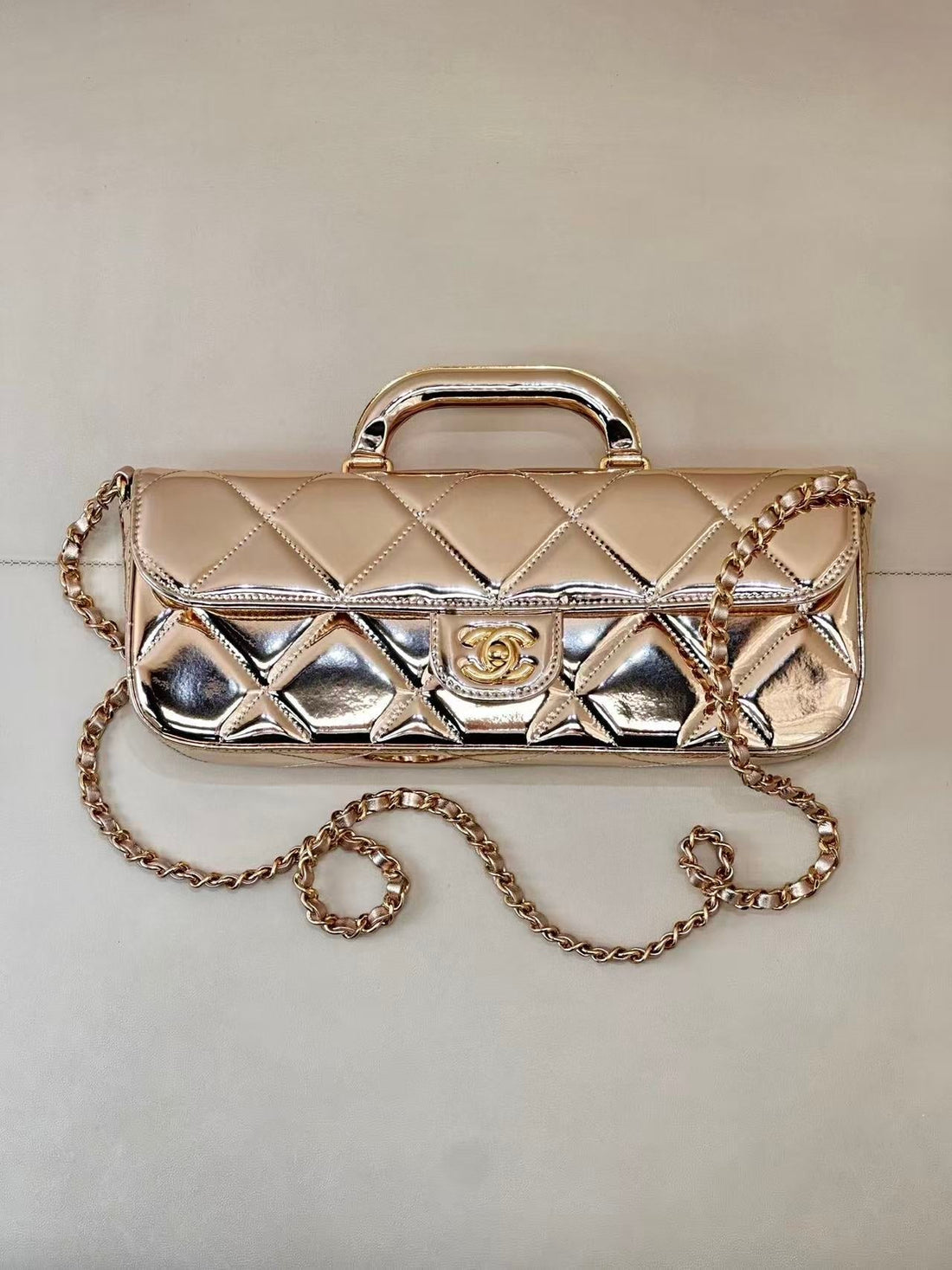 CC 25K Large Flap Bag With Top Handle Chain Strap Gold Metalic Patent Calfskin Ghw