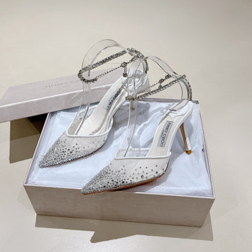 Jimmy Choo 100MM Saeda Crystal-Embellished Pumps White Mesh Calfskin