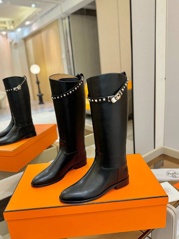 Hm Jumping High Boots Iconic Medor Studs Straps Black Cowhide