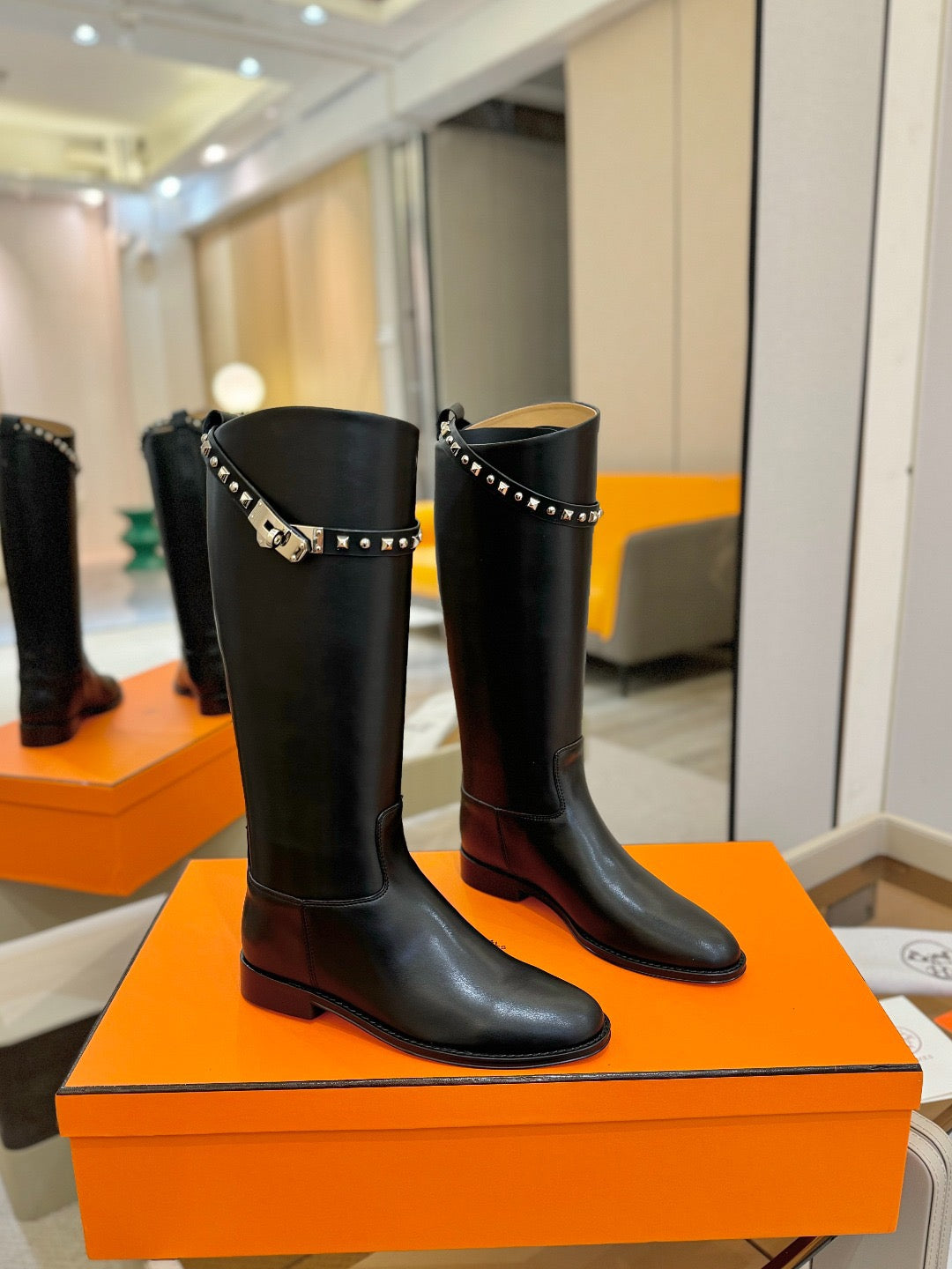 Hm Jumping High Boots Iconic Medor Studs Straps Black Cowhide