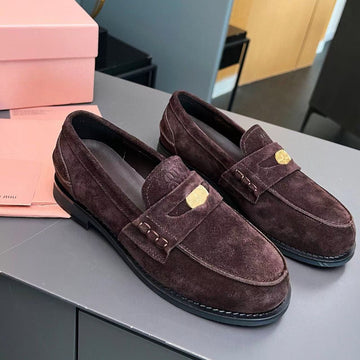 Miu Miu Gold Penny Loafer Red-Brown Suede