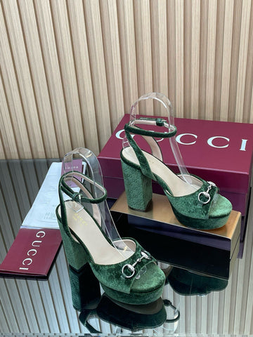 GG Horsebit Platform Sandals 15CM High Heel Green Velvet