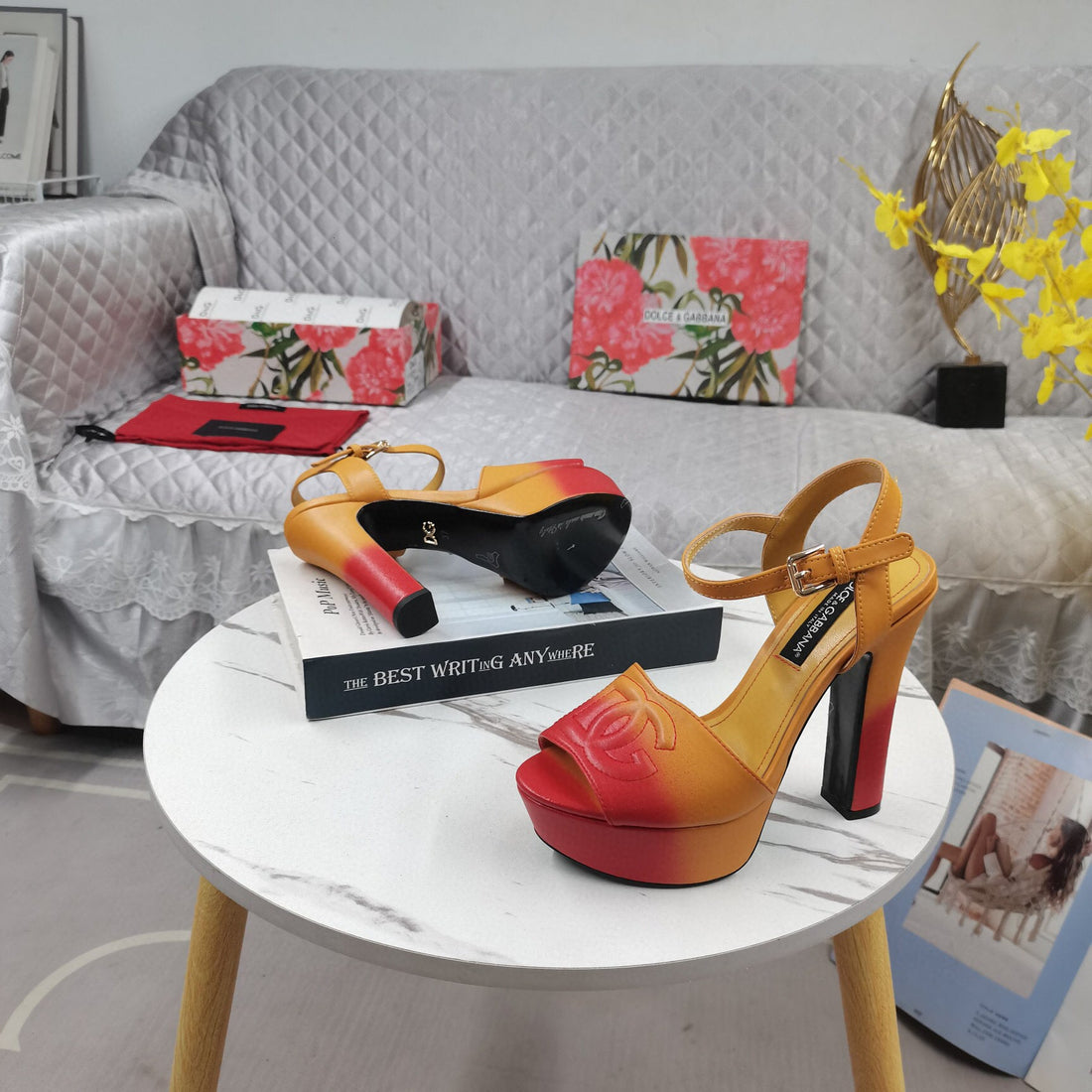 Dg Platform Sandals 135MM High Heel Orange Red Cowhide