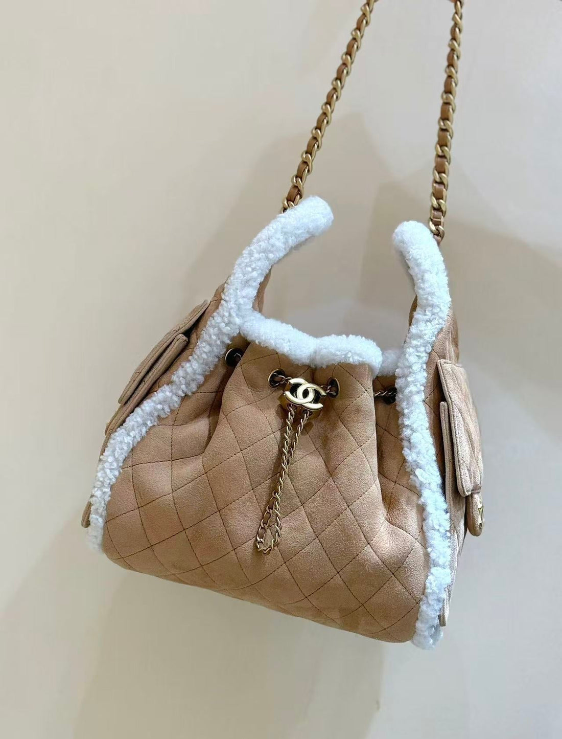 CC 25C Hobo Bag 30CM Brown White Suede Wool Gold Hardware