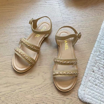 CC 25 Gold Chain Strappy Sandals Apricot Cowhide