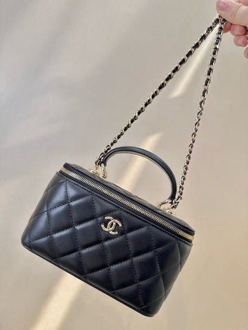 CC Mirror Vanity Case Top Handle Chain Strap Black Lambskin Ghw