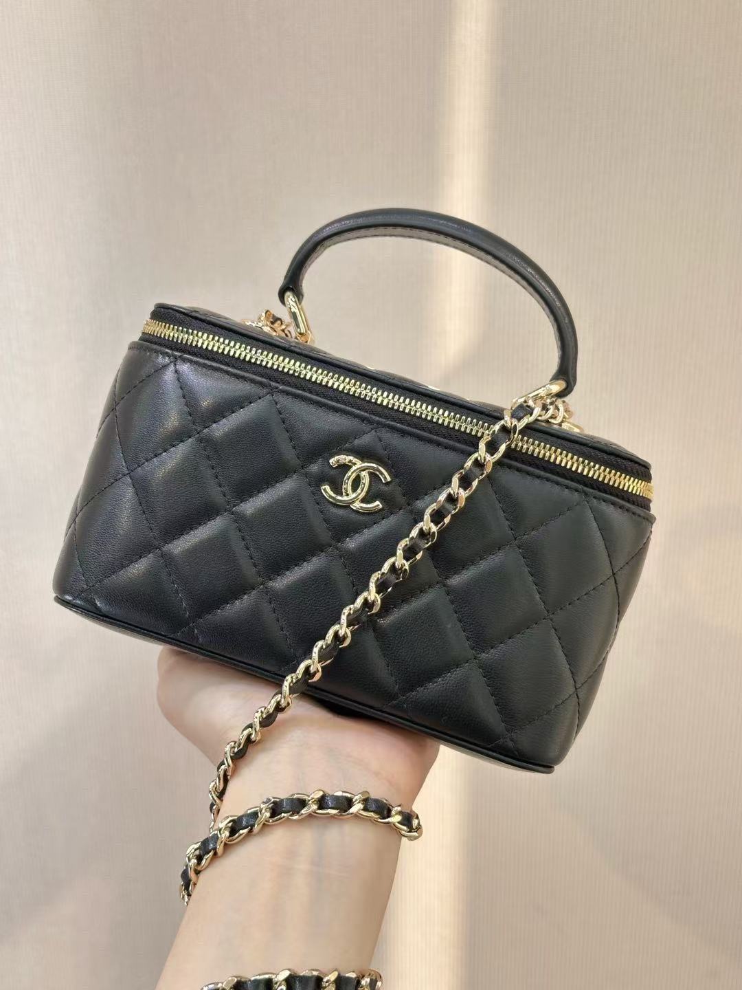 CC Mirror Vanity Case Top Handle Chain Strap Black Lambskin Ghw