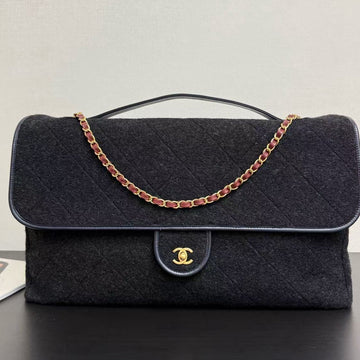 CC 2025 Maxi Flap Bag With Top Handle 56CM Black Wool Leather