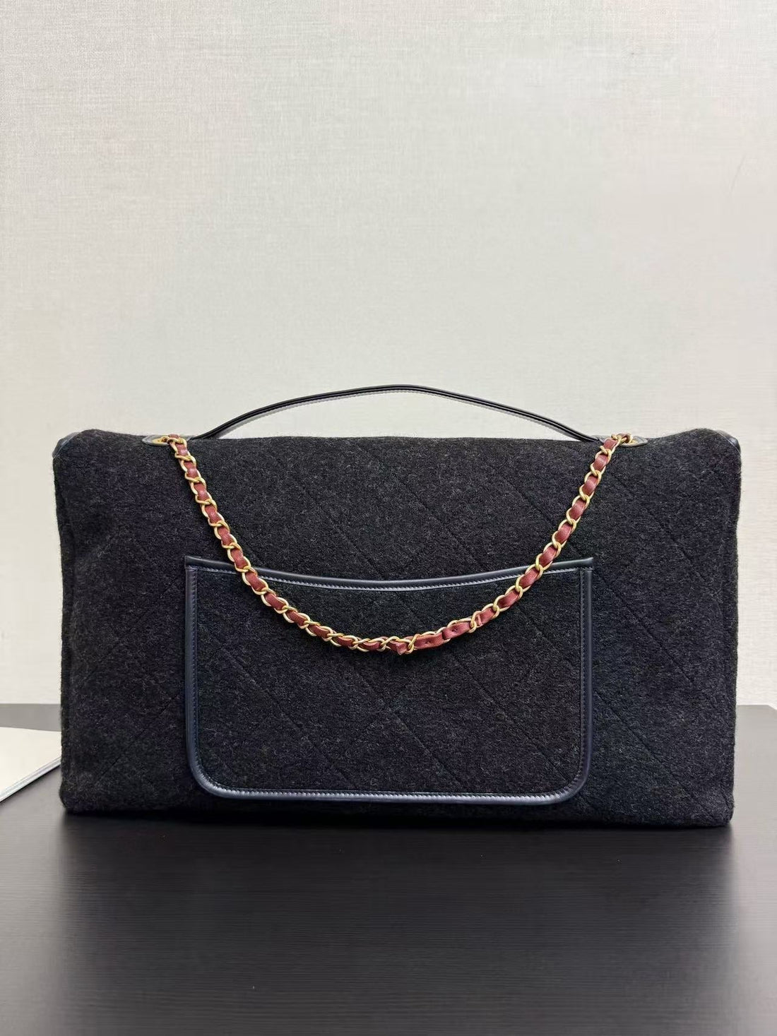 CC 2025 Maxi Flap Bag With Top Handle 56CM Black Wool Leather
