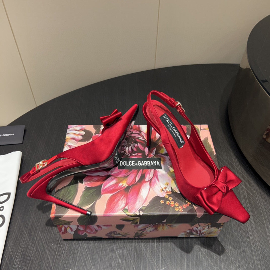 Dg Bow Slingbacks 10CM High Heel Red Silk