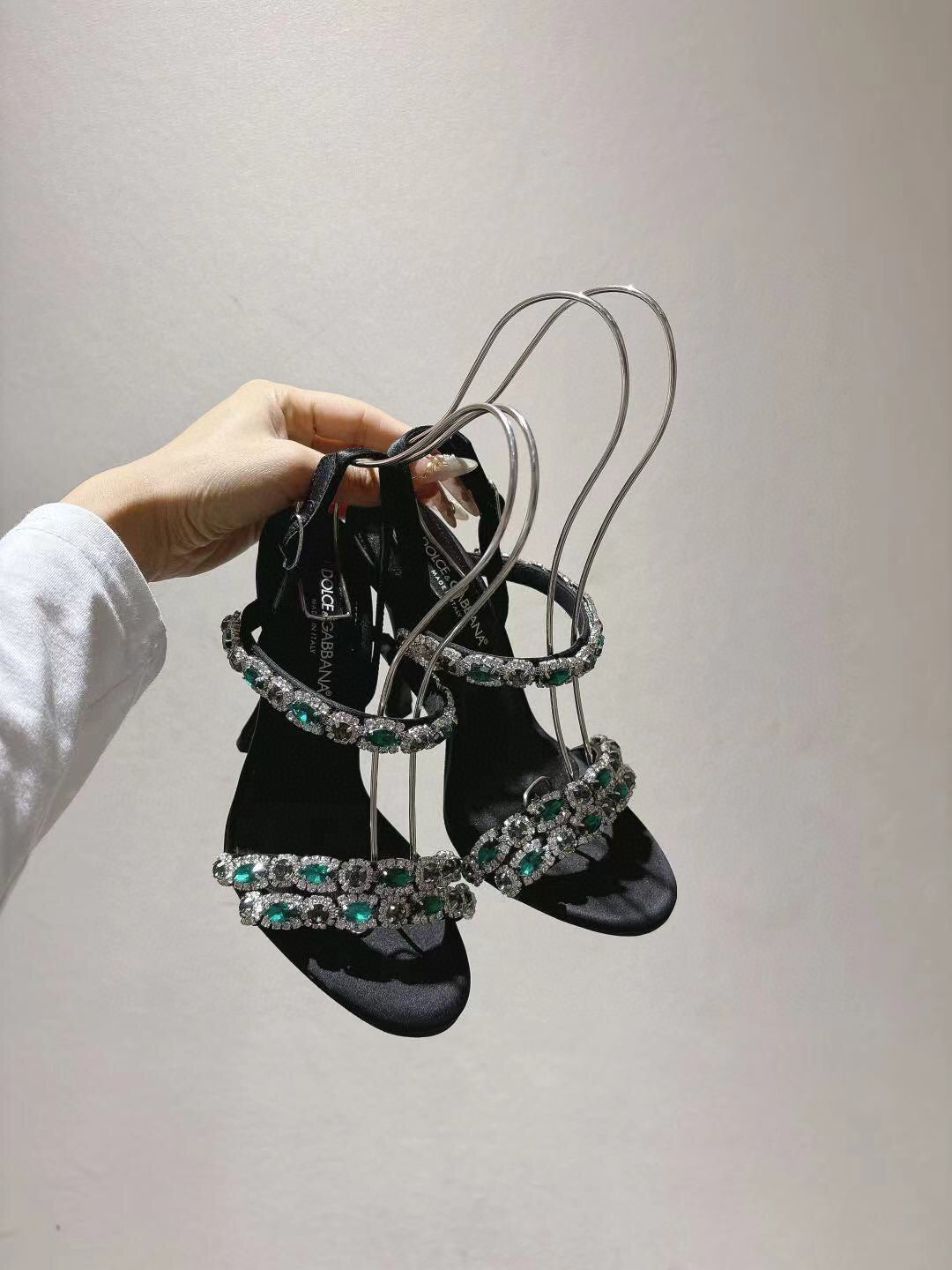 Dg Sandals 10CM High Heel Green Crystal Embellished Black Silk