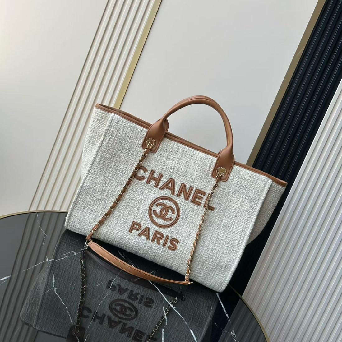 CC Deauville Tote Bag White Brown Canvas & Calfskin