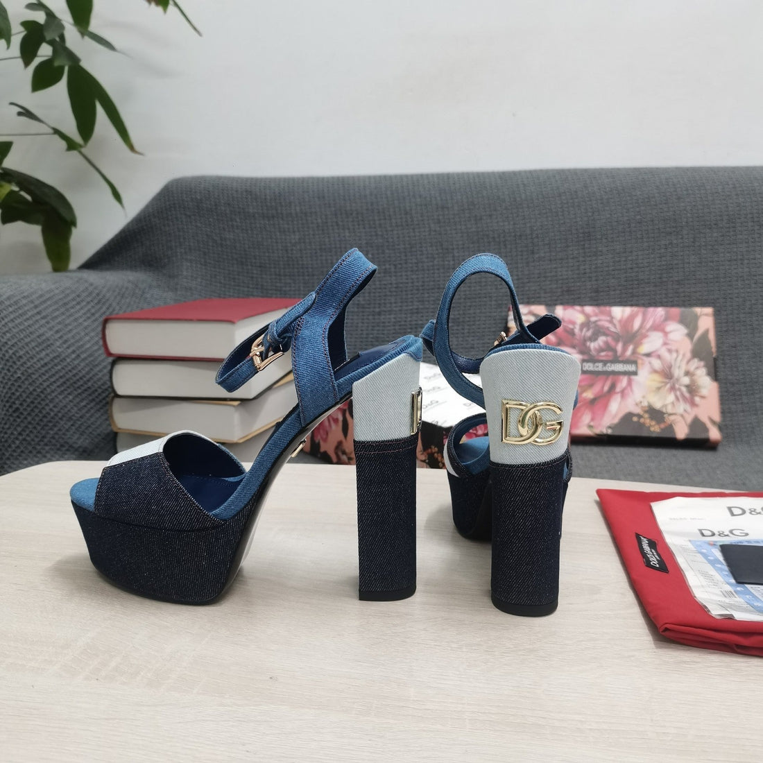 Dg Platform Sandals 105MM High Heel Blue Patchwork Denim