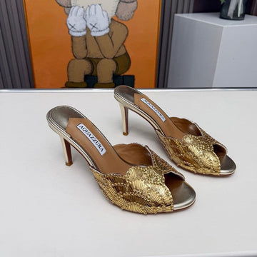 Aquazzura Ce Soir Mule 75MM Gold Metalic Nappa Leather