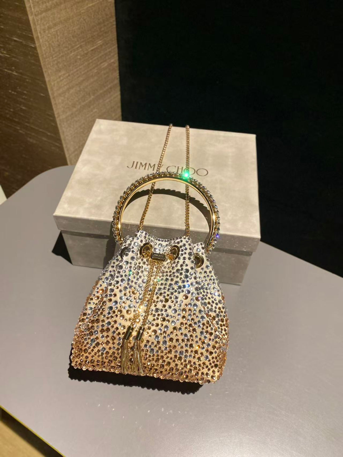 Jimmy Bucket Bag Gold Satin With Crystals