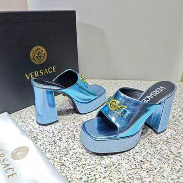 Versace Platform Sandals 110MM High Heel Metallic Blue Cowhide