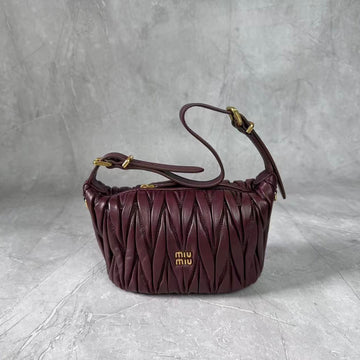 Miu Matelassé Pouch Bag 23CM Burgundy Leather
