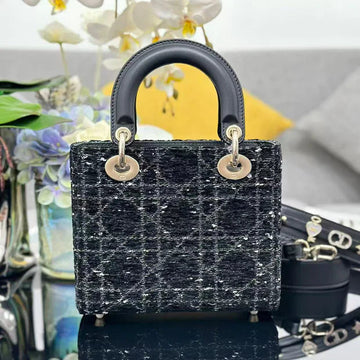Dior 2026 Lady Dior Bag 20CM Black Gold Tweed Leather