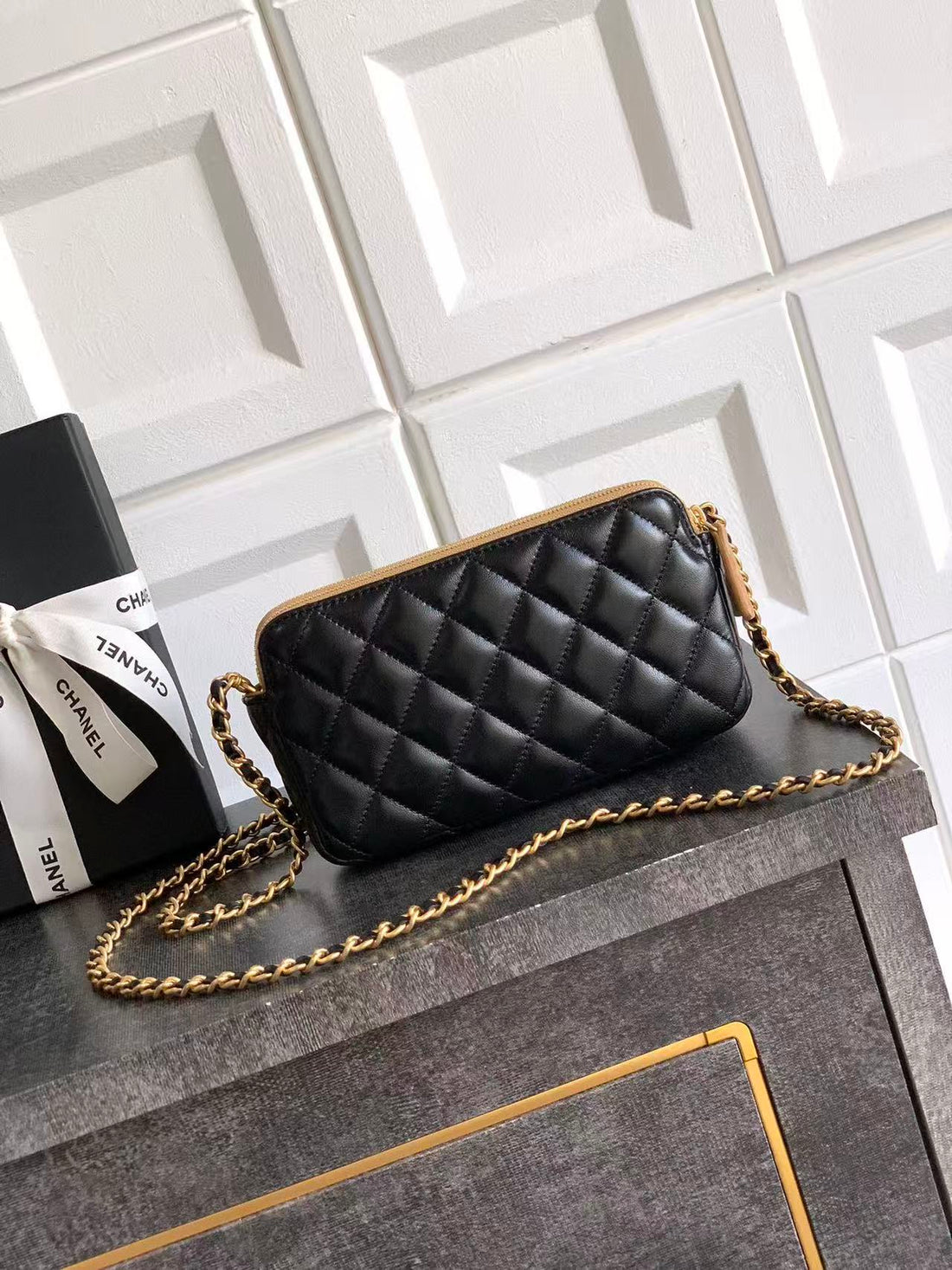 CC 25A Touch Phone Holder Bag 17.5cm With Chain Black Brown Lamskin