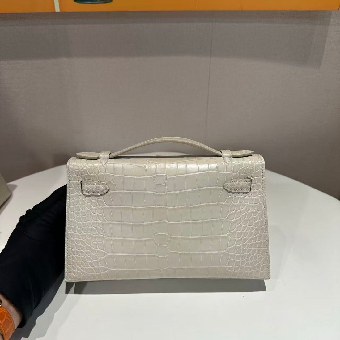 HM Kelly Pochette 22 Cream American Alligator Silver Buckle (made - To - Oder)