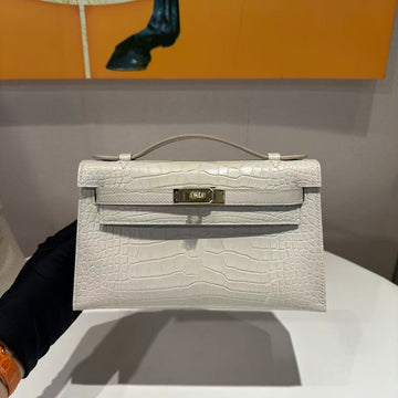 HM Kelly Pochette 22 Cream American Alligator Silver Buckle (made - To - Oder)