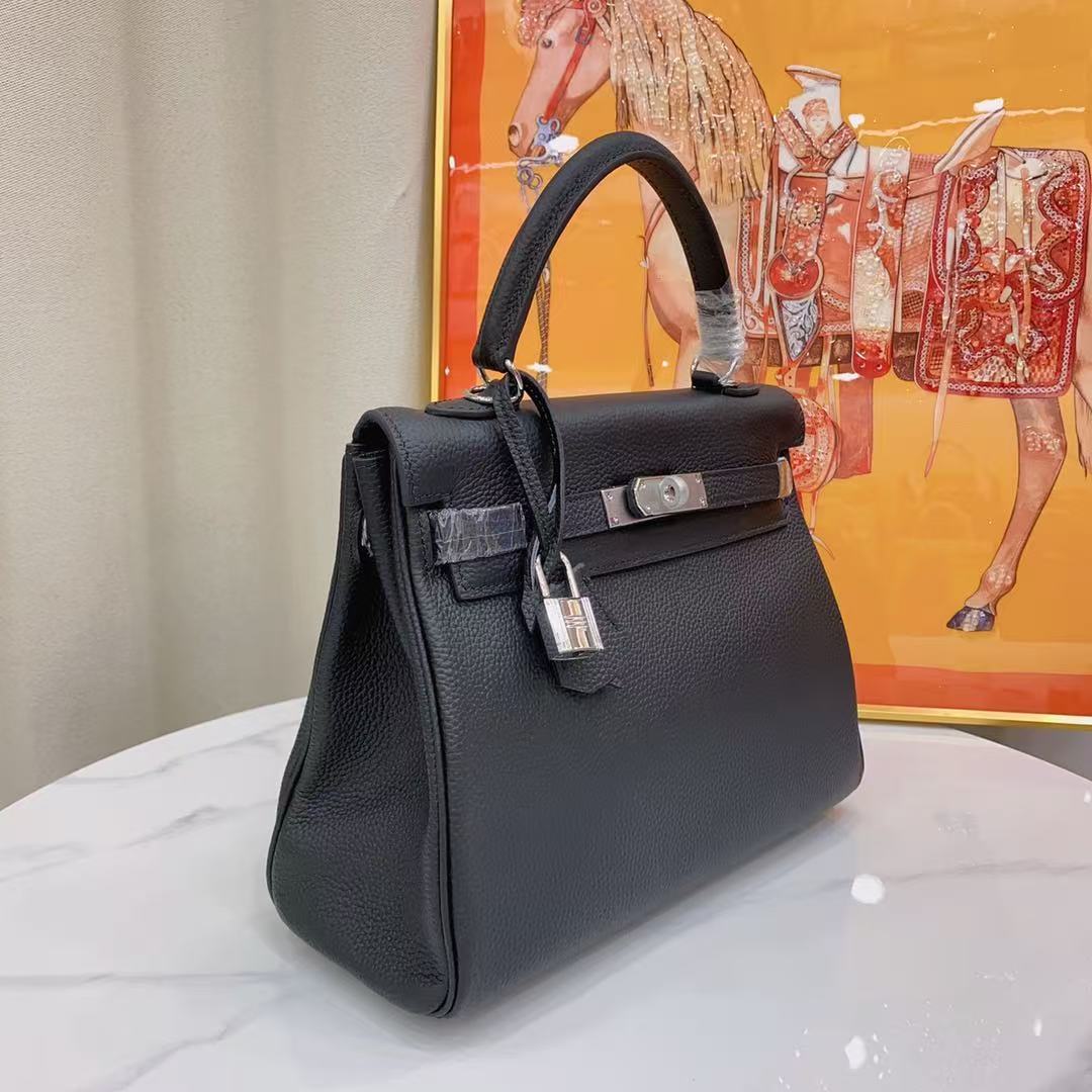 HM Kelly 32CM Black Togo Leather Silver Hardware
