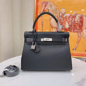 HM Kelly 32CM Black Togo Leather Silver Hardware