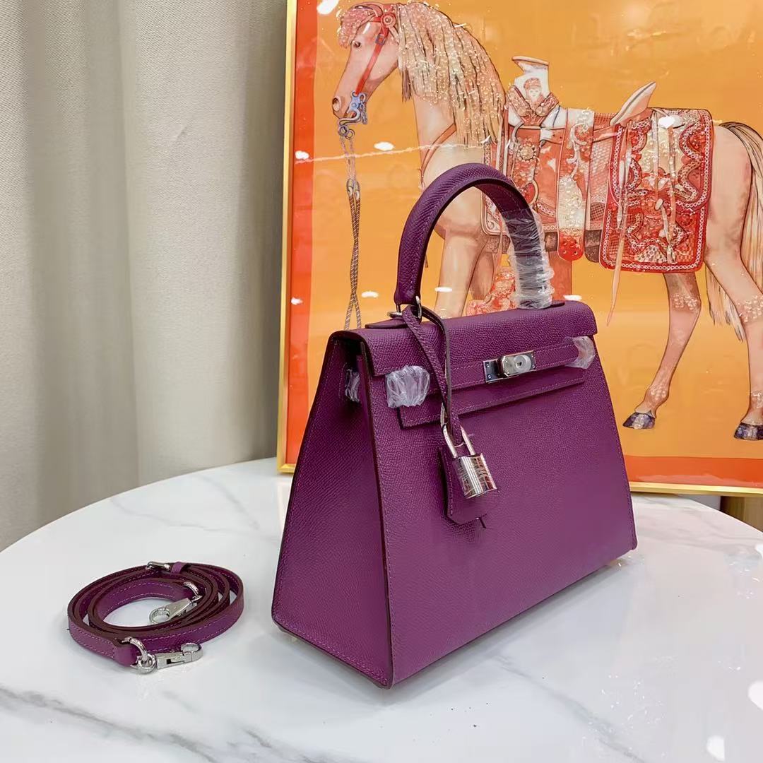 HM Kelly 25CM Purple Epsom Leather Silver Hardware