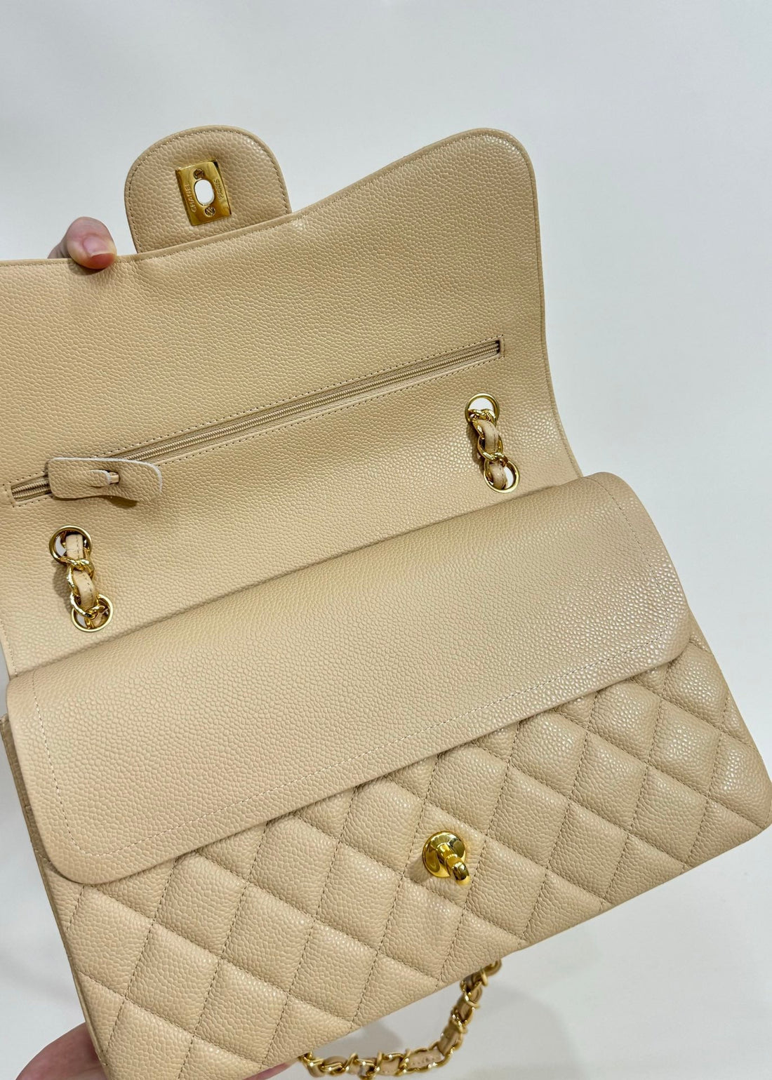 Flap Bag 30CM Gold Hardware Beige Caviar