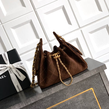 Chanel 25S Hobo Bag 22 Cm In Dark Brown Suede With Gold Hardware