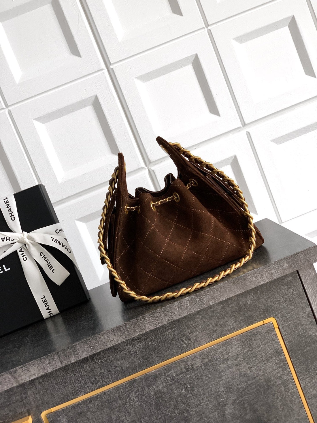 Chanel 25S Hobo Bag 22 Cm In Dark Brown Suede With Gold Hardware