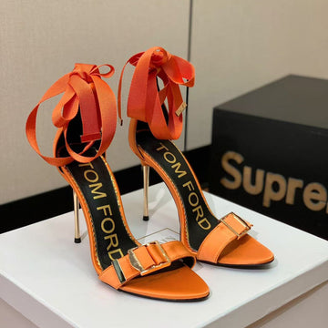 Tom Ford Sandal With Ribbon 105MM Orange In Silk And Sheepskin