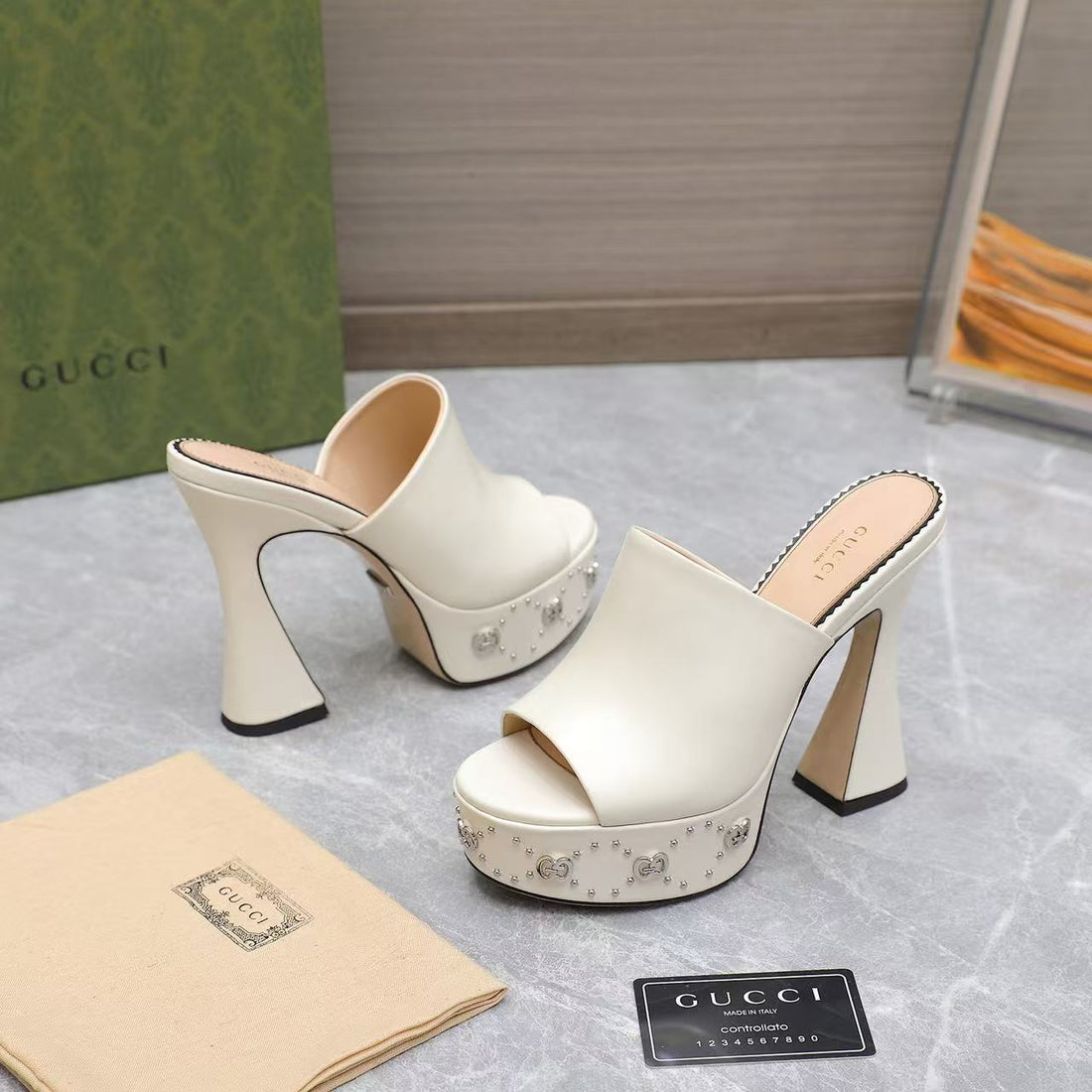 GG Platform Mule Sandals 13CM White Cowhide