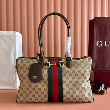 GG 26 Borsetto Horsebit 38CM Brown Canvas Calfskin Ghw 866734