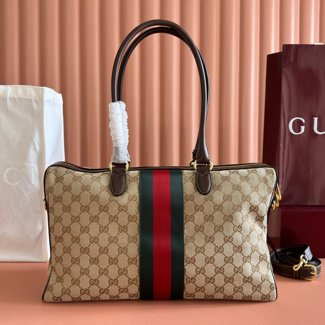 GG 26 Borsetto Horsebit 38CM Brown Canvas Calfskin Ghw 866734