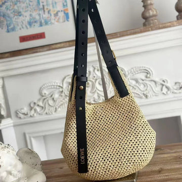 Loewe X Paula's Ibiza Small Punch Hole Hobo Bag Beige Black Raffia Leather