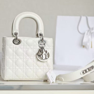 CD Lady Dior 20 Bag White Hardware Silver Lambskin