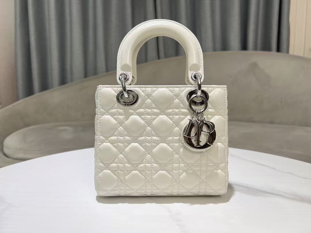 CD Lady Dior 20 Bag White Hardware Silver Lambskin