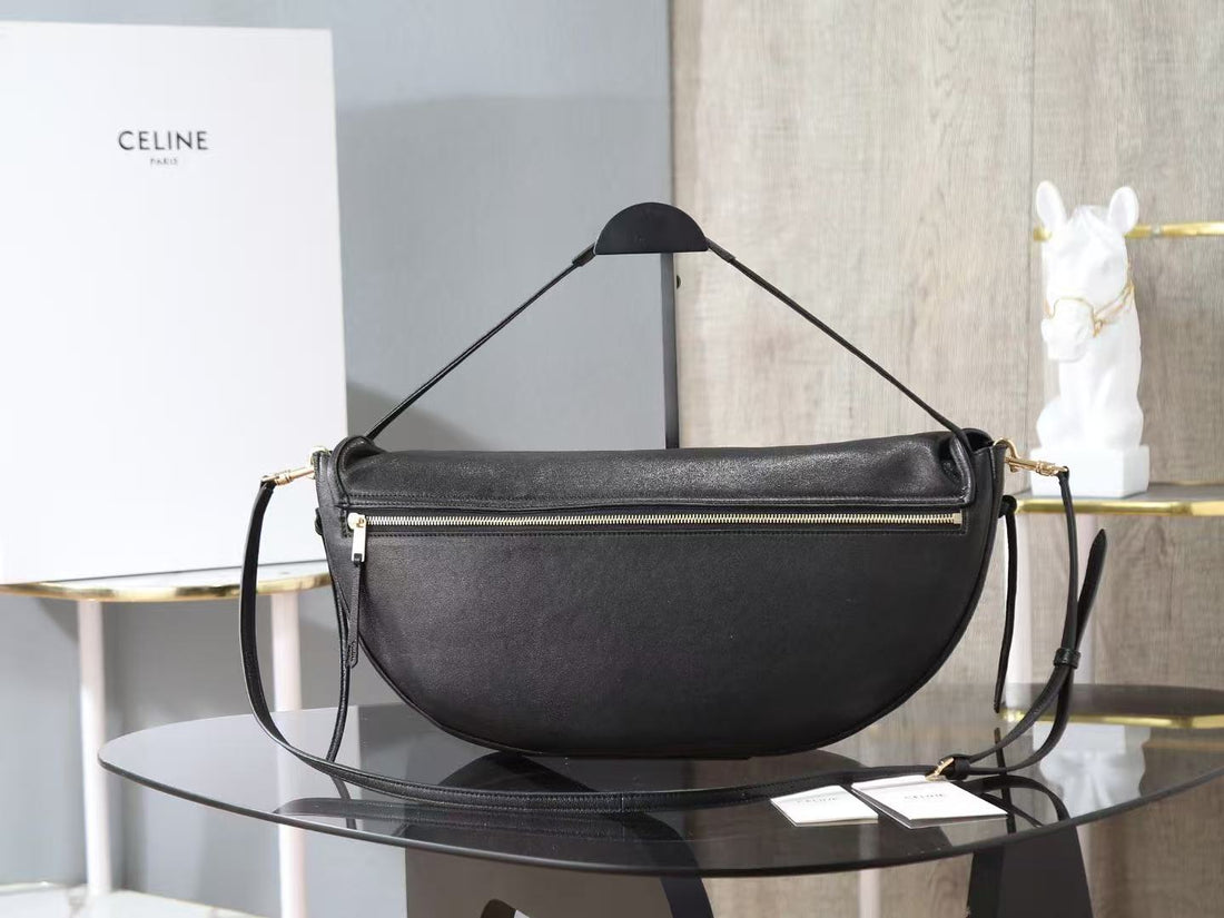 Celine Little Halfmoon Soft Triomphe Bag In Black Lambskin