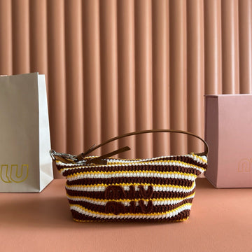 Miu Crochet Pouch Brown White Cream Cotton