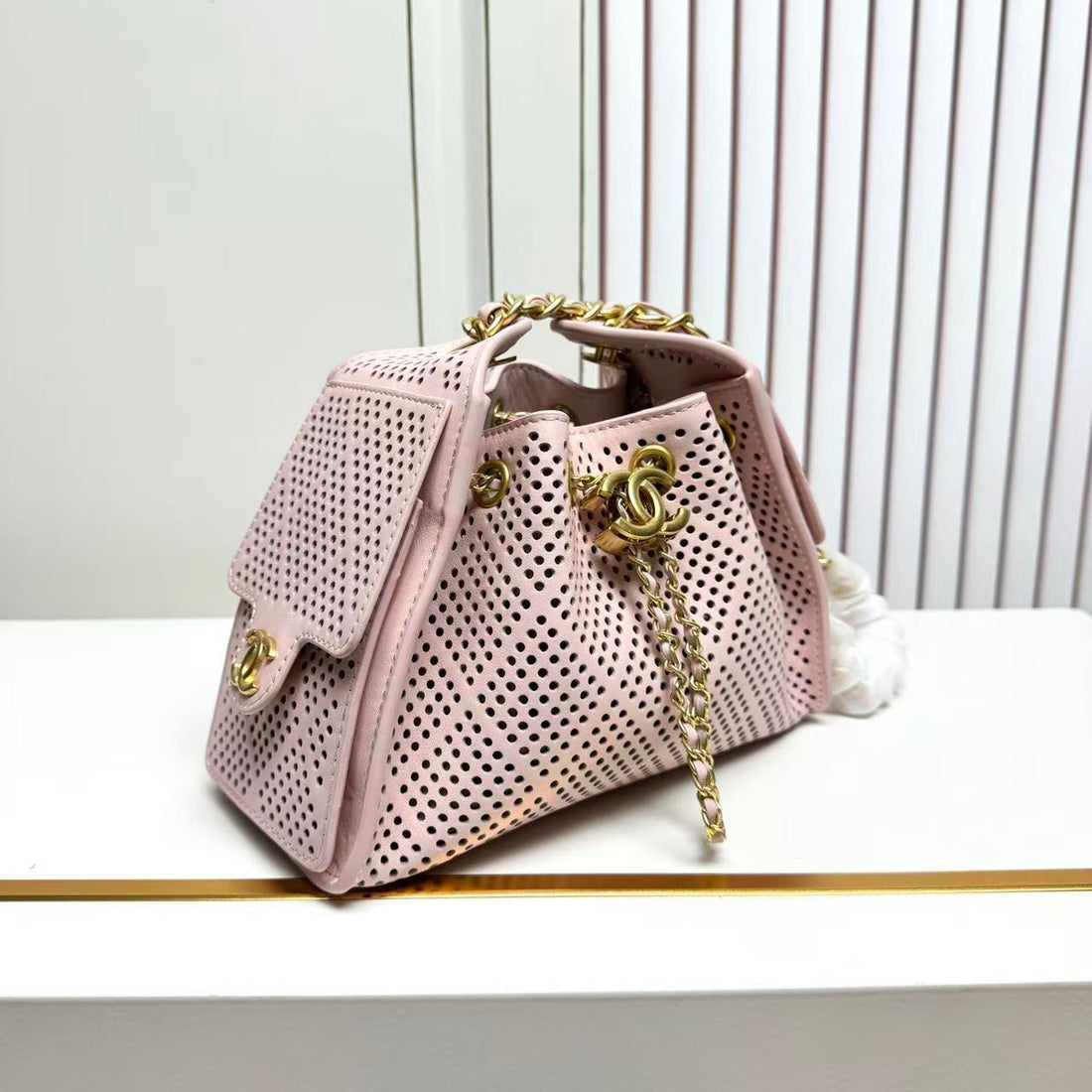 CC Hobo Bag 22CM Pink Perforated Soft Cowhide
