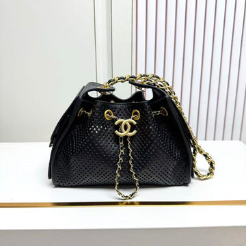 CC Hobo Bag 22CM Black Perforated Soft Cowhide