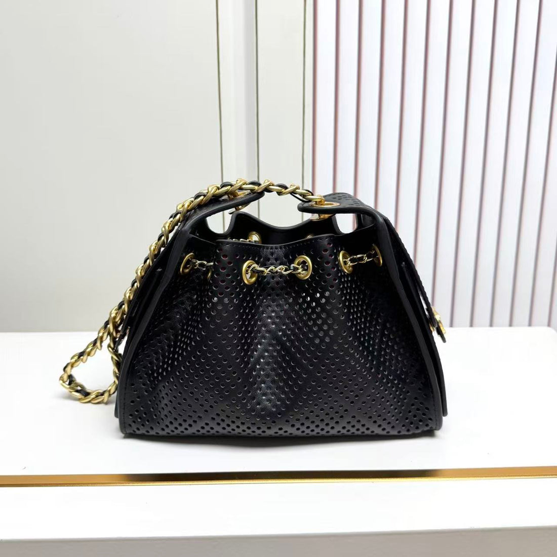 CC Hobo Bag 22CM Black Perforated Soft Cowhide