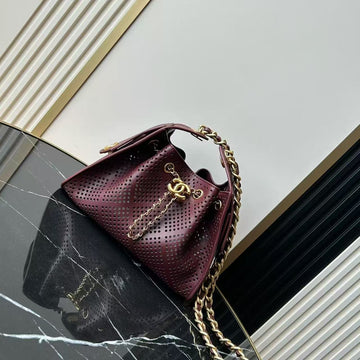 CC Hobo Bag 22CM Burgundy Perforated Soft Cowhide