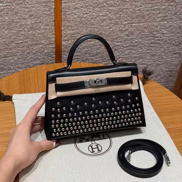 HM Mini Kelly Clouté Studded 20CM Black Calfskin Shw